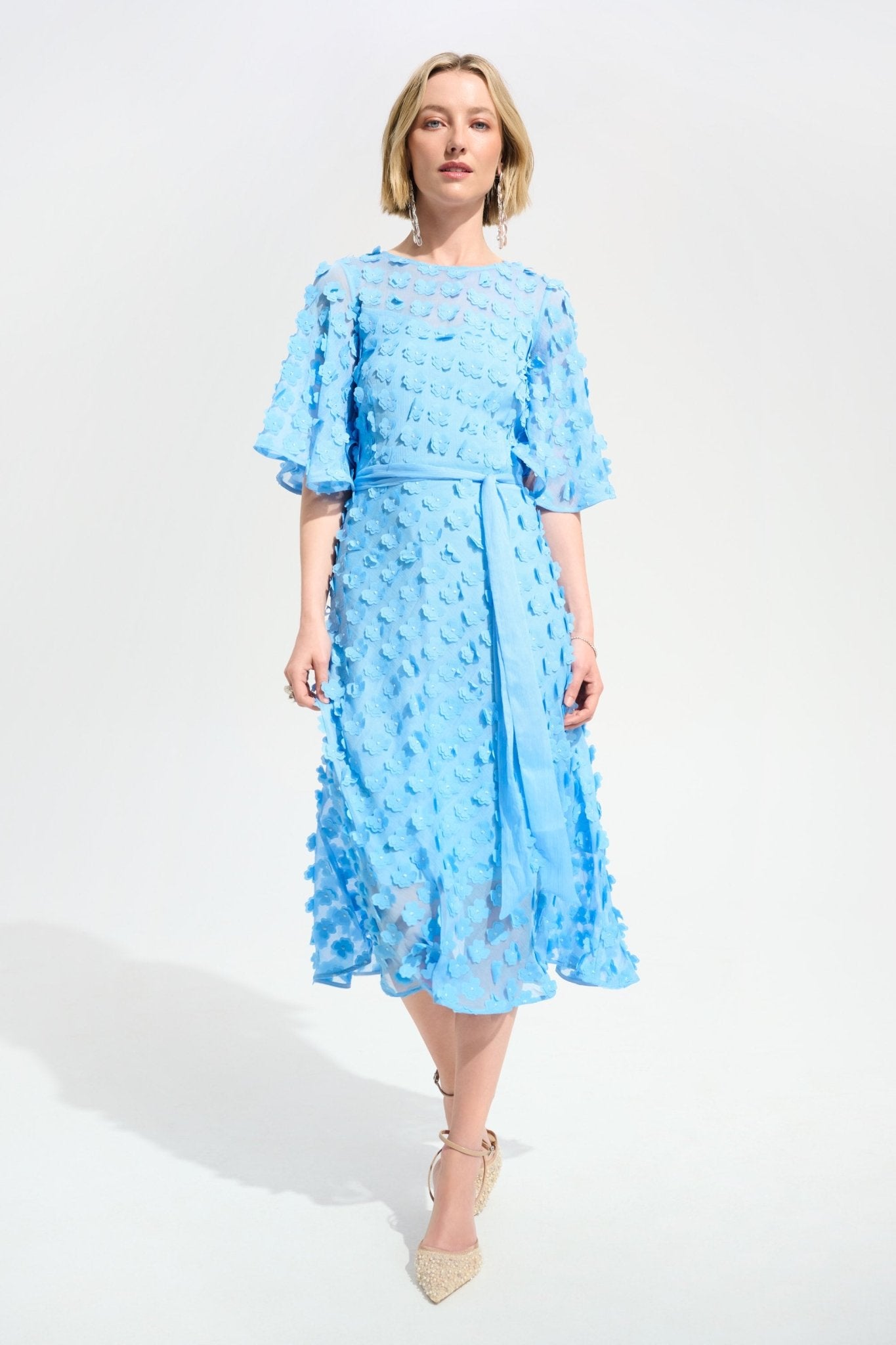 Shop Joseph Ribkoff Signature | 3D Embroidered Chiffon Fit And Flare Midi Dress - Joseph Ribkoff