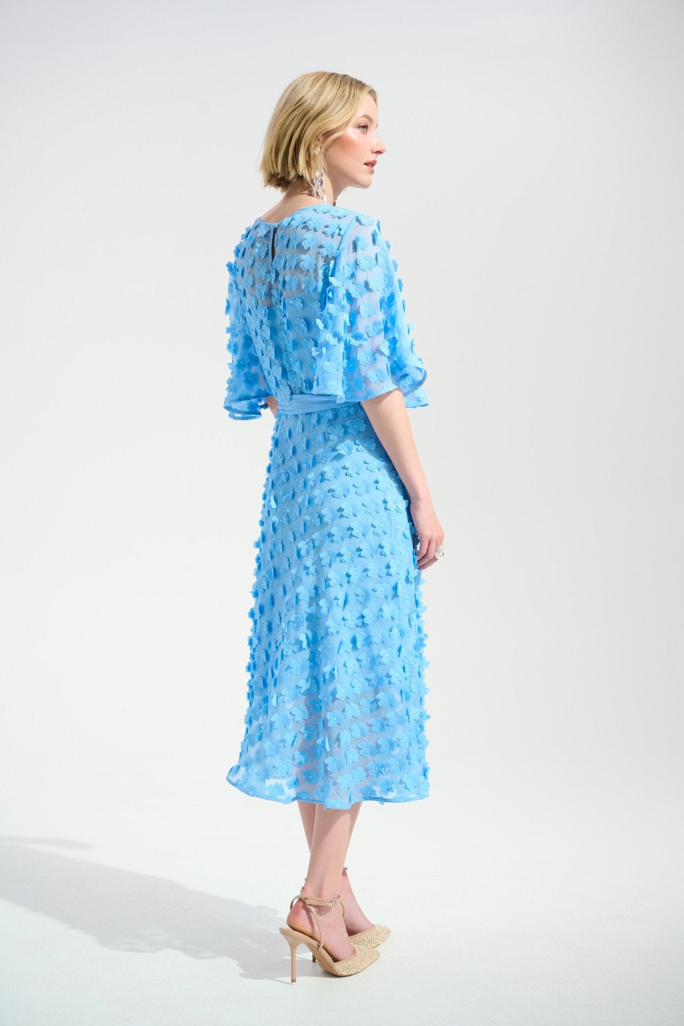 Shop Joseph Ribkoff Signature | 3D Embroidered Chiffon Fit And Flare Midi Dress - Joseph Ribkoff