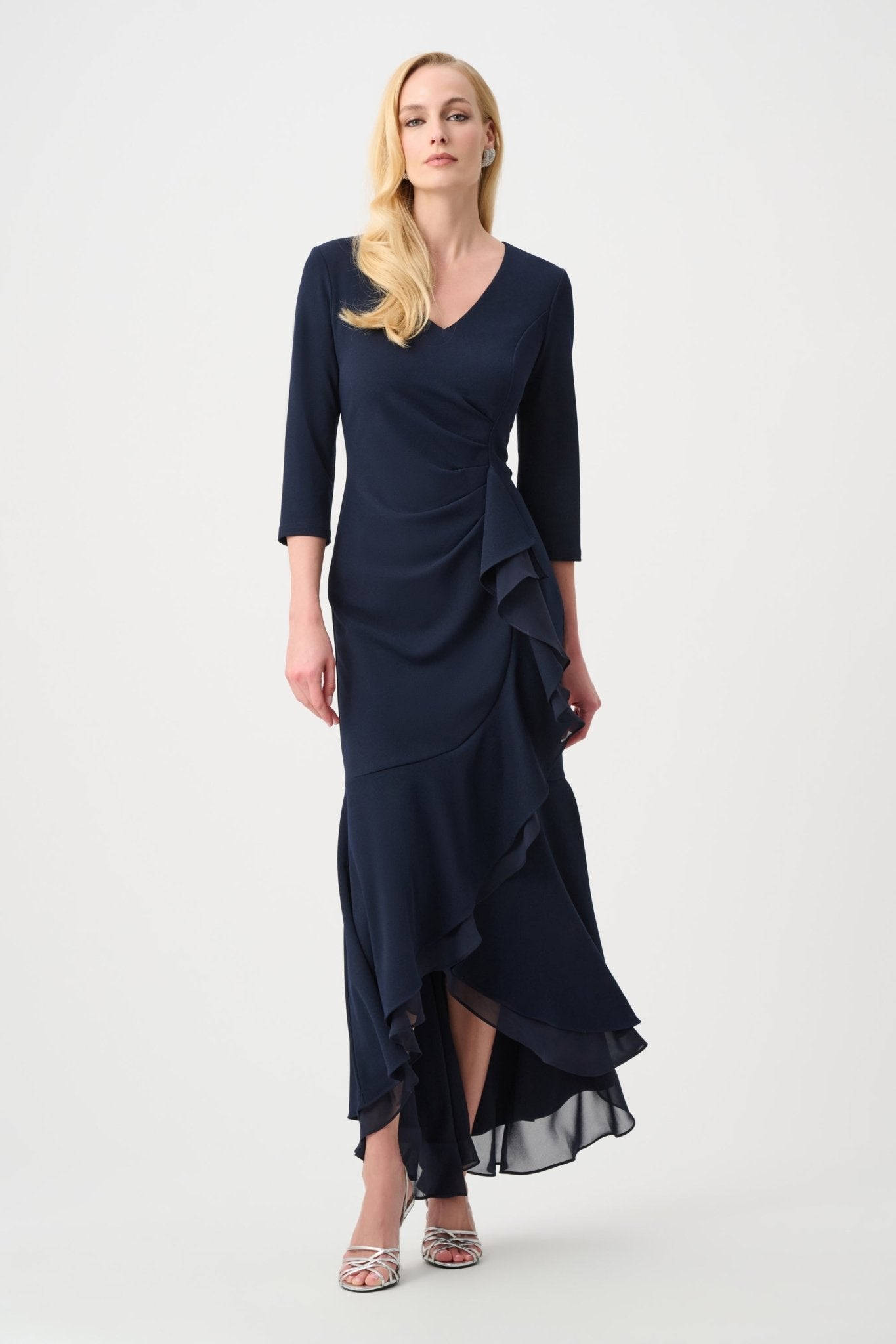 Shop Joseph Ribkoff Signature | Scuba Crepe and Chiffon Ruffled Trumpet Gown 263741 - Joseph Ribkoff