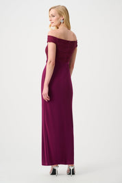 Shop Joseph Ribkoff Signature | Silky Knit & Cascade Off-Shoulder Sheath Gown - Joseph Ribkoff