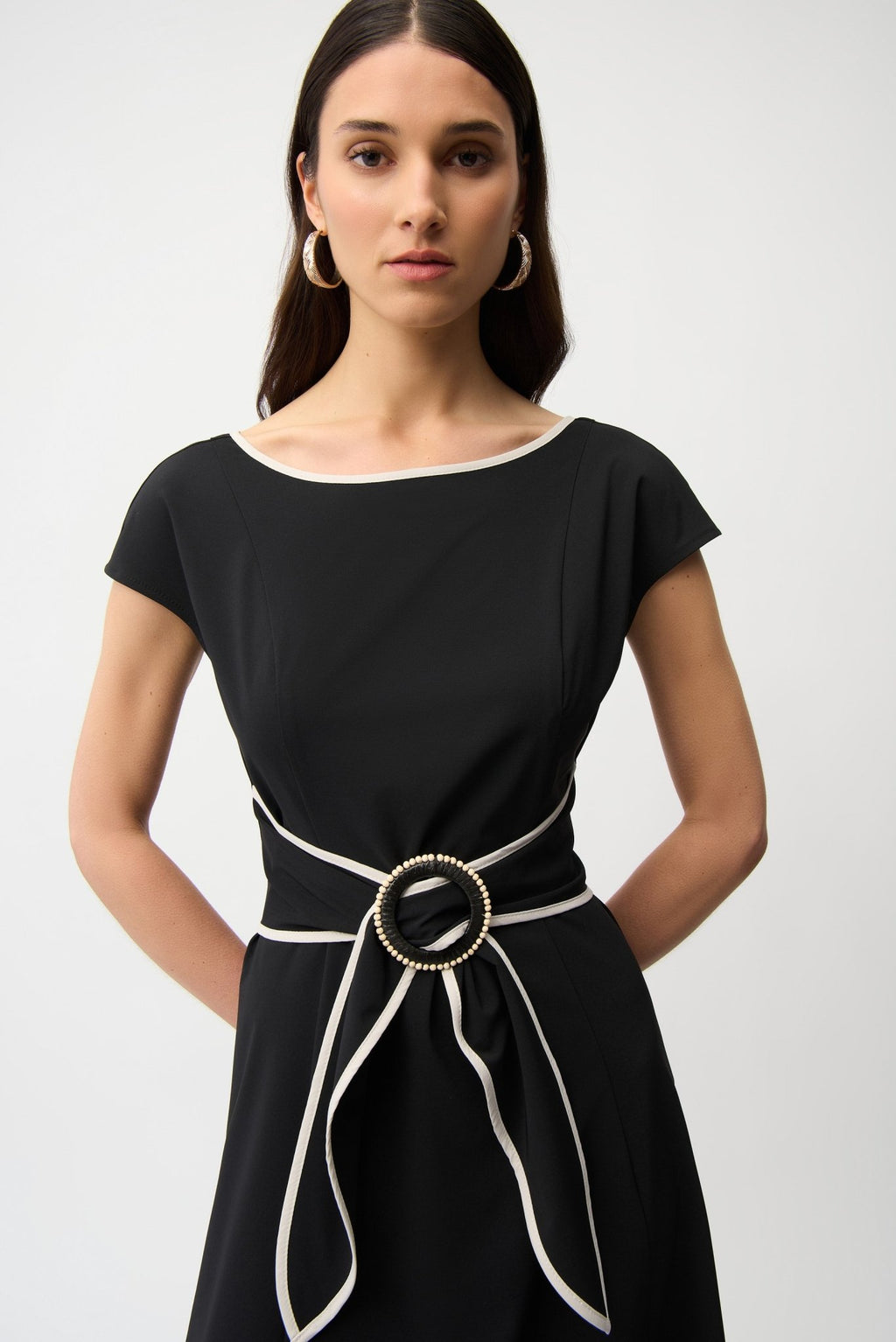Shop Joseph Ribkoff Strech Woven Color Block Fit and Flare Dress With Sash 261051 - Joseph Ribkoff