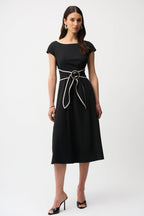 Shop Joseph Ribkoff Strech Woven Color Block Fit and Flare Dress With Sash 261051 - Joseph Ribkoff