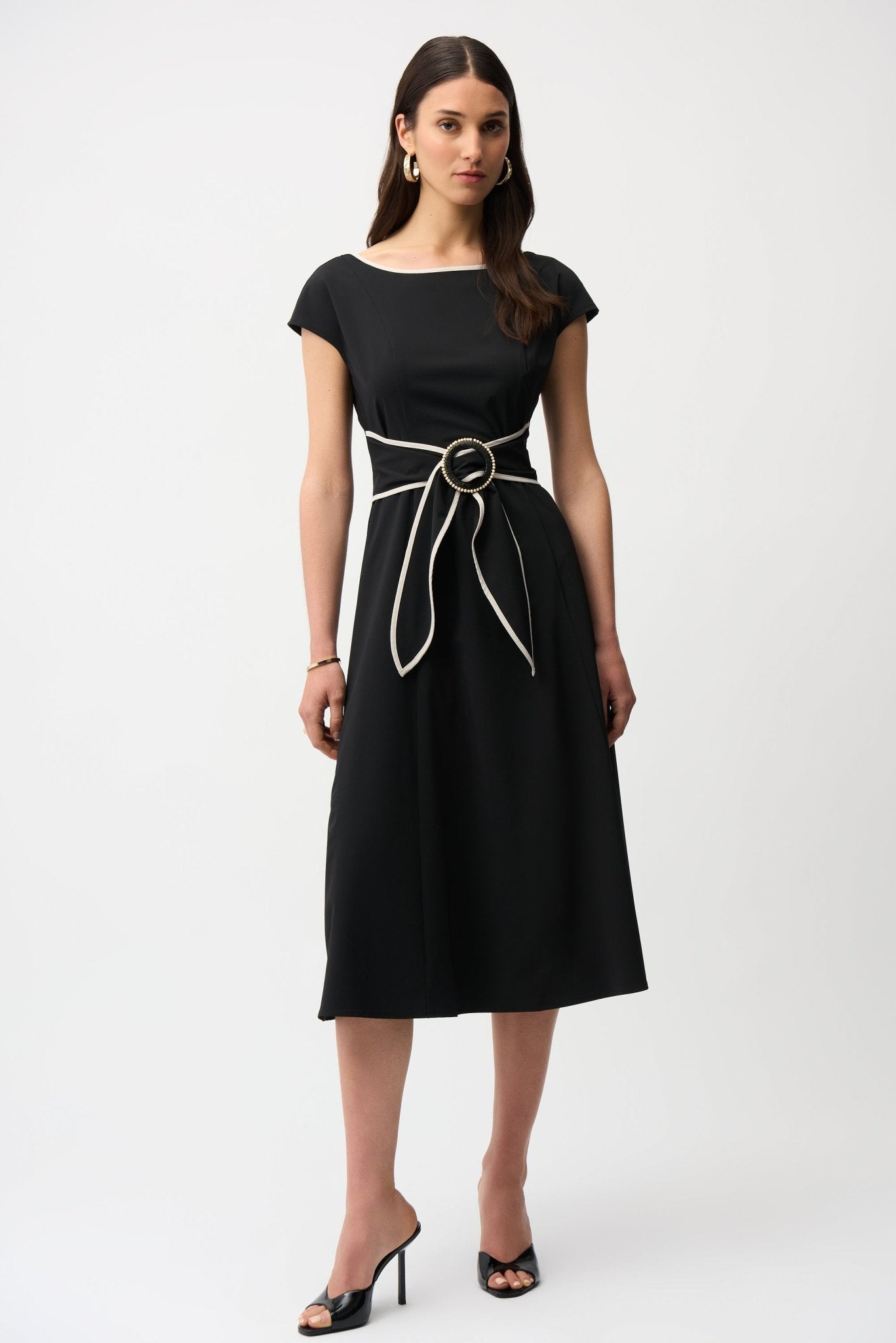 Shop Joseph Ribkoff Strech Woven Color Block Fit and Flare Dress With Sash 261051 - Joseph Ribkoff