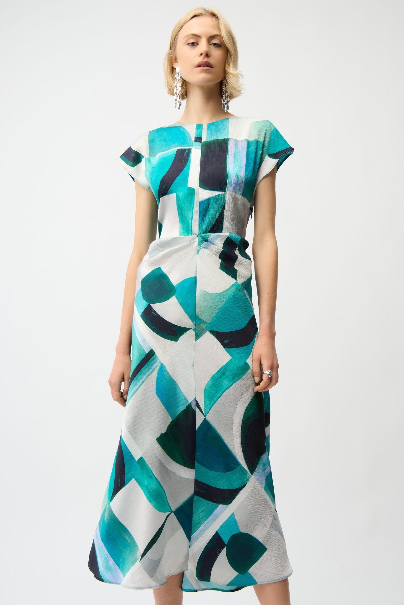 Shop Joseph Ribkoff Textured Satin Geometric Print Fit and Flare Dress - Joseph Ribkoff