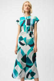 Shop Joseph Ribkoff Textured Satin Geometric Print Fit and Flare Dress - Joseph Ribkoff