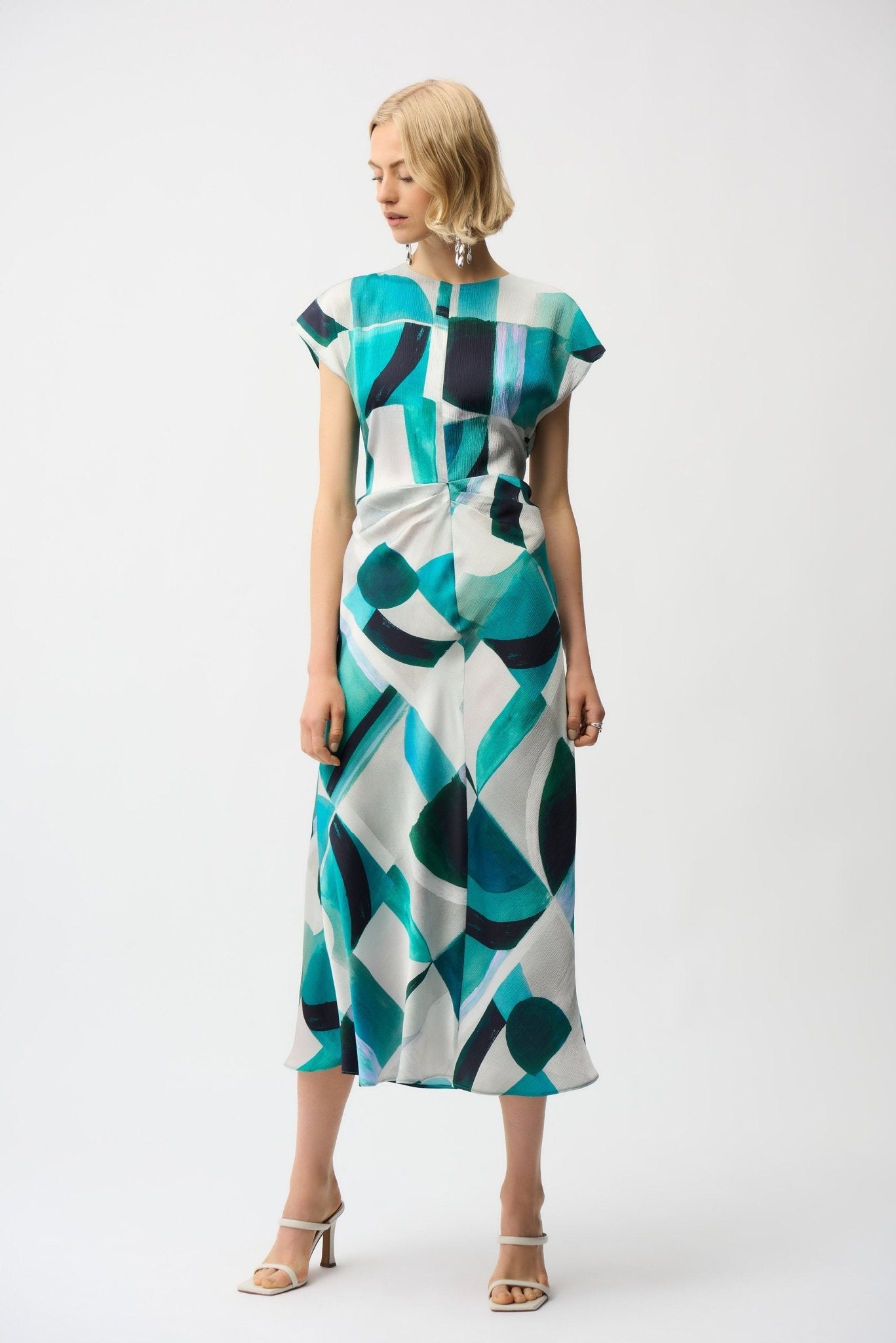 Shop Joseph Ribkoff Textured Satin Geometric Print Fit and Flare Dress - Joseph Ribkoff