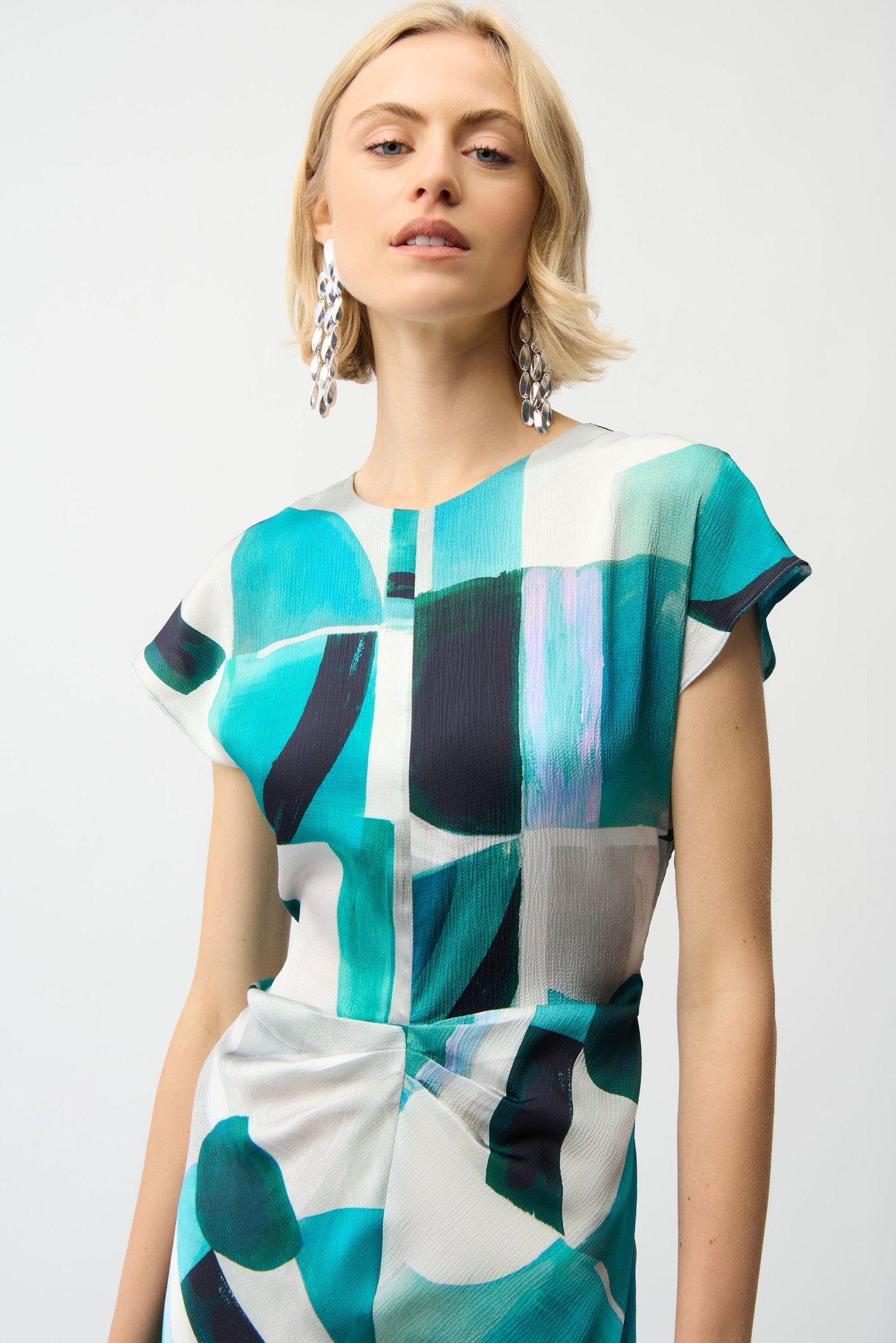 Shop Joseph Ribkoff Textured Satin Geometric Print Fit and Flare Dress - Joseph Ribkoff