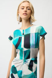 Shop Joseph Ribkoff Textured Satin Geometric Print Fit and Flare Dress - Joseph Ribkoff