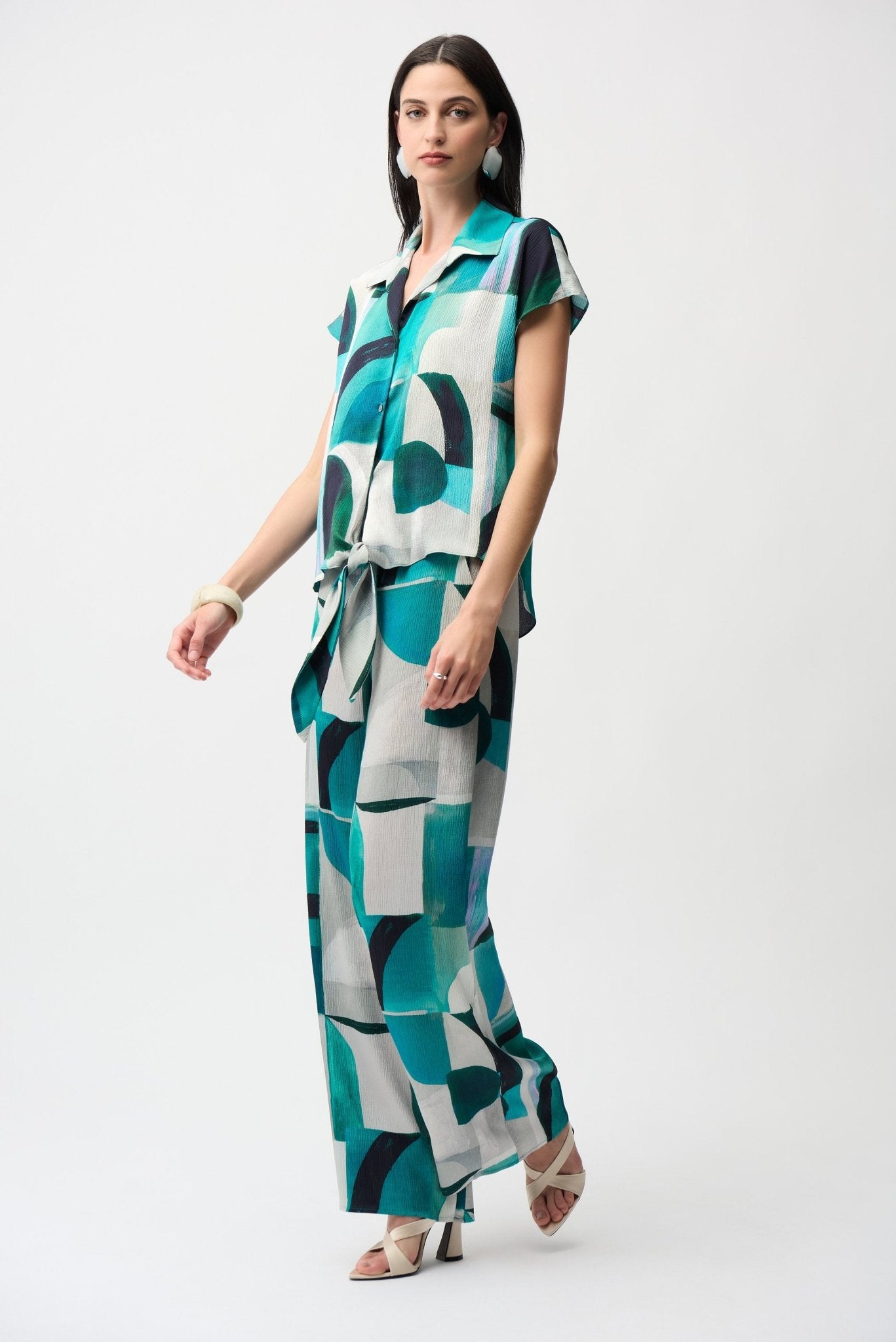 Shop Joseph Ribkoff Textured Satin Geometric Print Top With Front Ties - Joseph Ribkoff