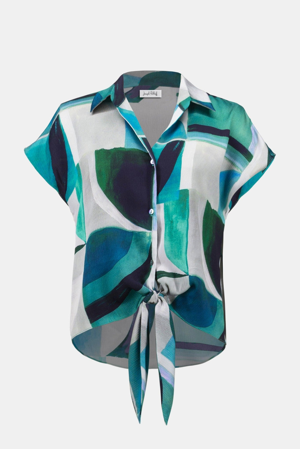 Shop Joseph Ribkoff Textured Satin Geometric Print Top With Front Ties - Joseph Ribkoff