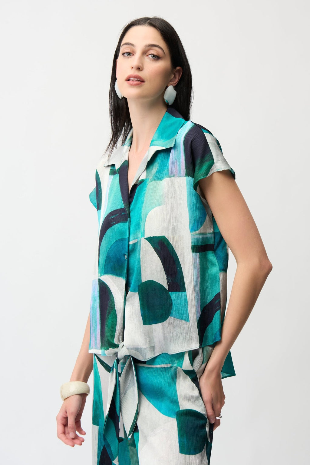 Shop Joseph Ribkoff Textured Satin Geometric Print Top With Front Ties - Joseph Ribkoff