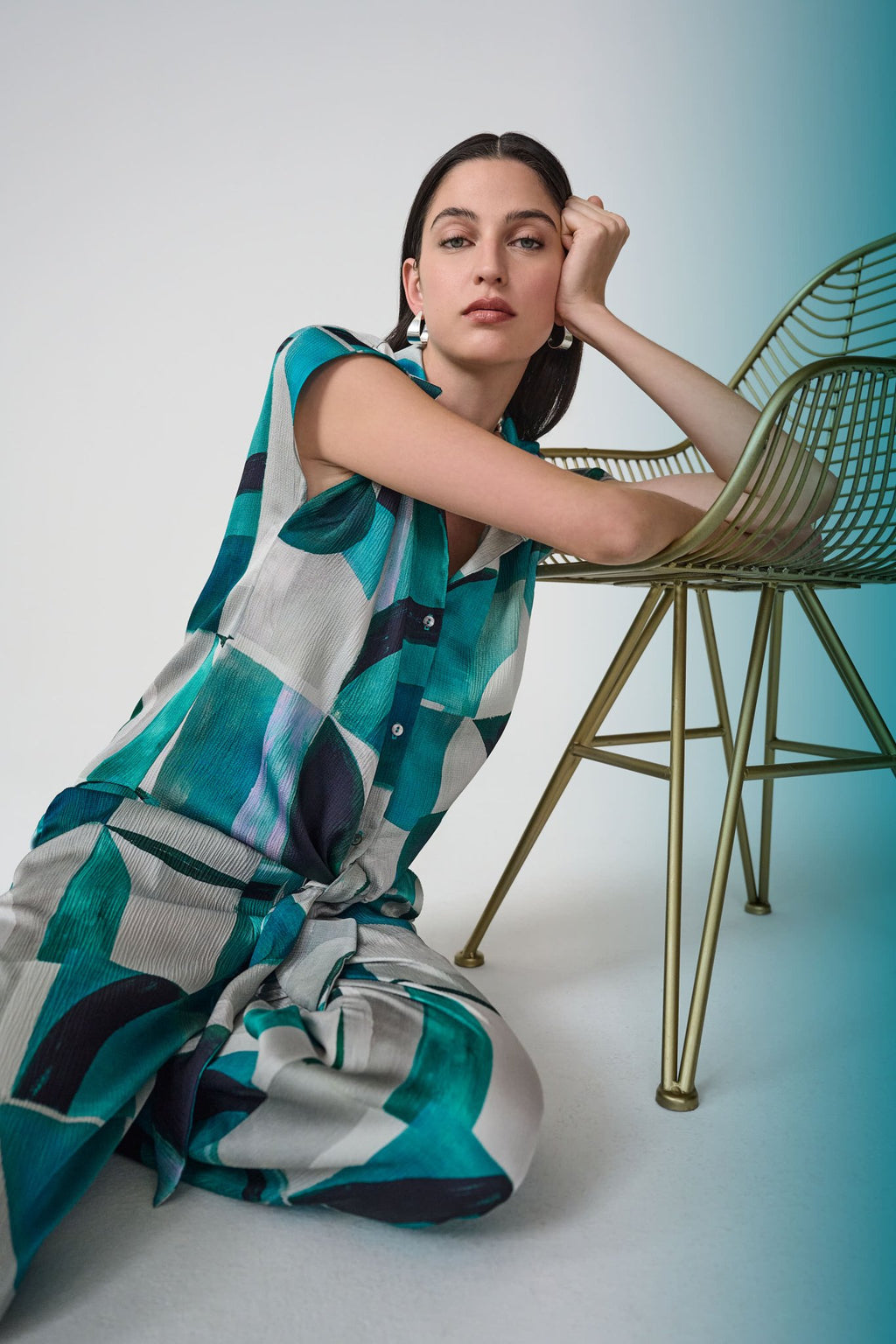 Shop Joseph Ribkoff Textured Satin Geometric Print Top With Front Ties - Joseph Ribkoff