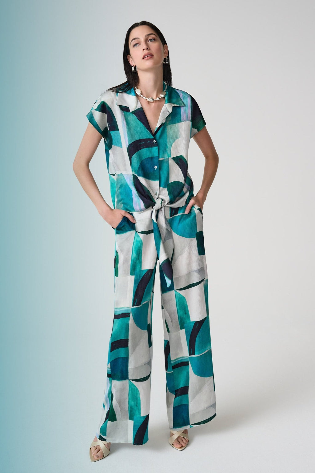 Shop Joseph Ribkoff Textured Satin Geometric Print Wide Leg Pull - On Pants Style 261042 - Joseph Ribkoff