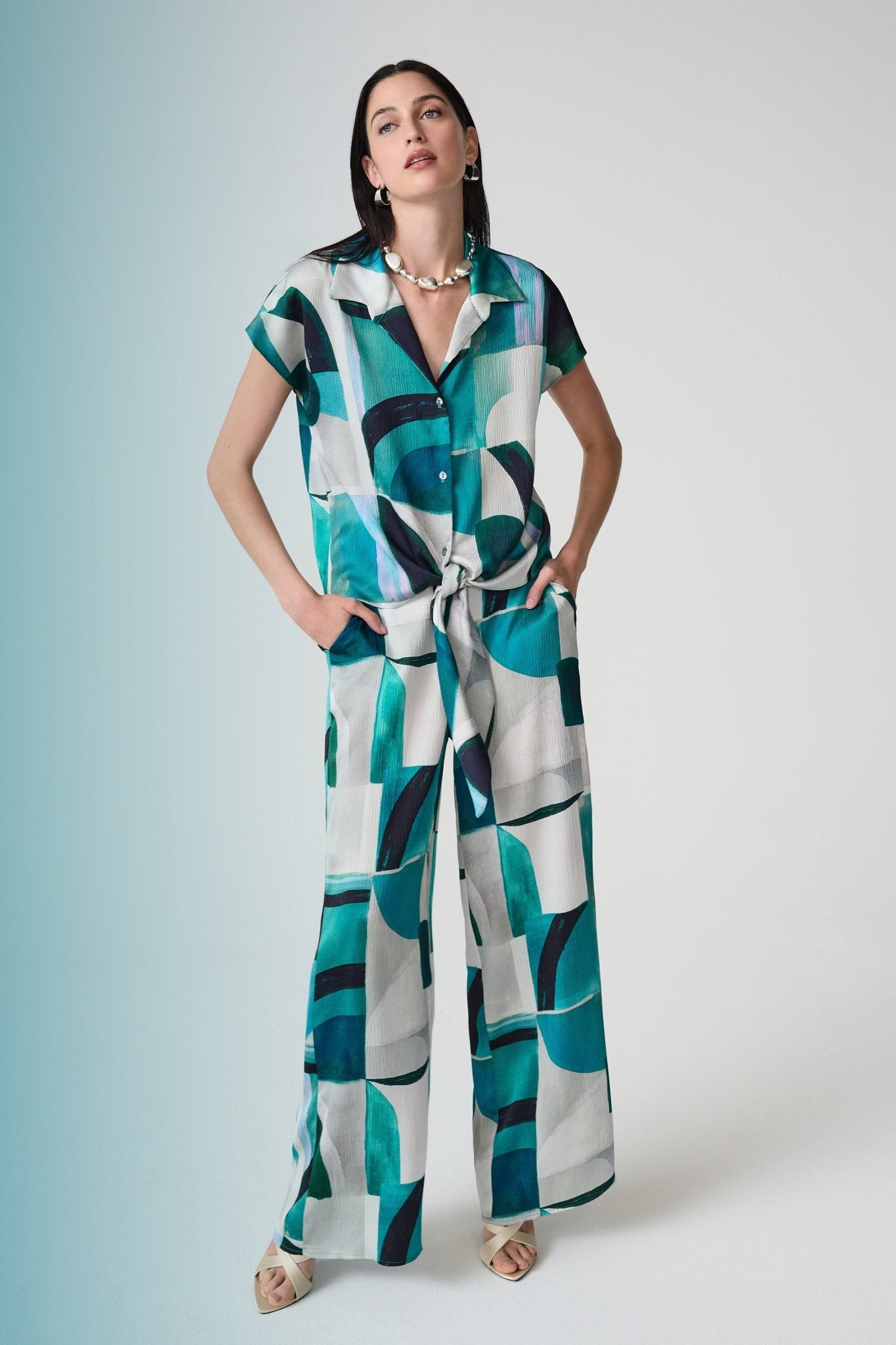 Shop Joseph Ribkoff Textured Satin Geometric Print Wide Leg Pull - On Pants Style 261042 - Joseph Ribkoff