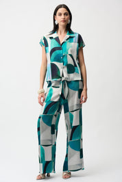 Shop Joseph Ribkoff Textured Satin Geometric Print Wide Leg Pull - On Pants Style 261042 - Joseph Ribkoff