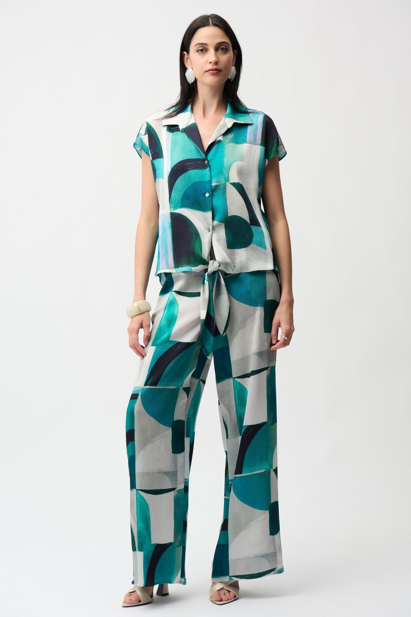 Shop Joseph Ribkoff Textured Satin Geometric Print Wide Leg Pull - On Pants Style 261042 - Joseph Ribkoff