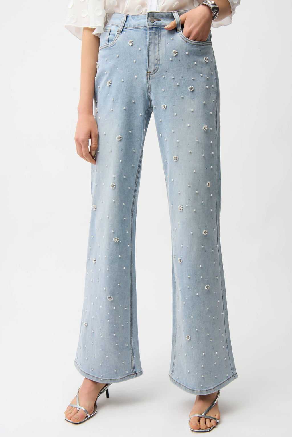 Shop Joseph Ribkoff Wide Leg Jeans With Pearl and Rhinestones - Joseph Ribkoff