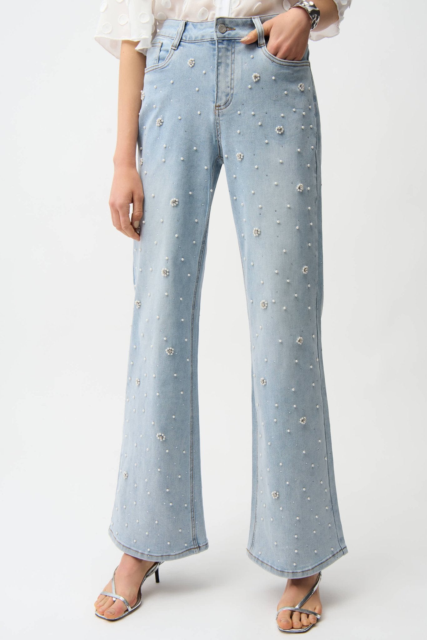 Shop Joseph Ribkoff Wide Leg Jeans With Pearl and Rhinestones - Joseph Ribkoff