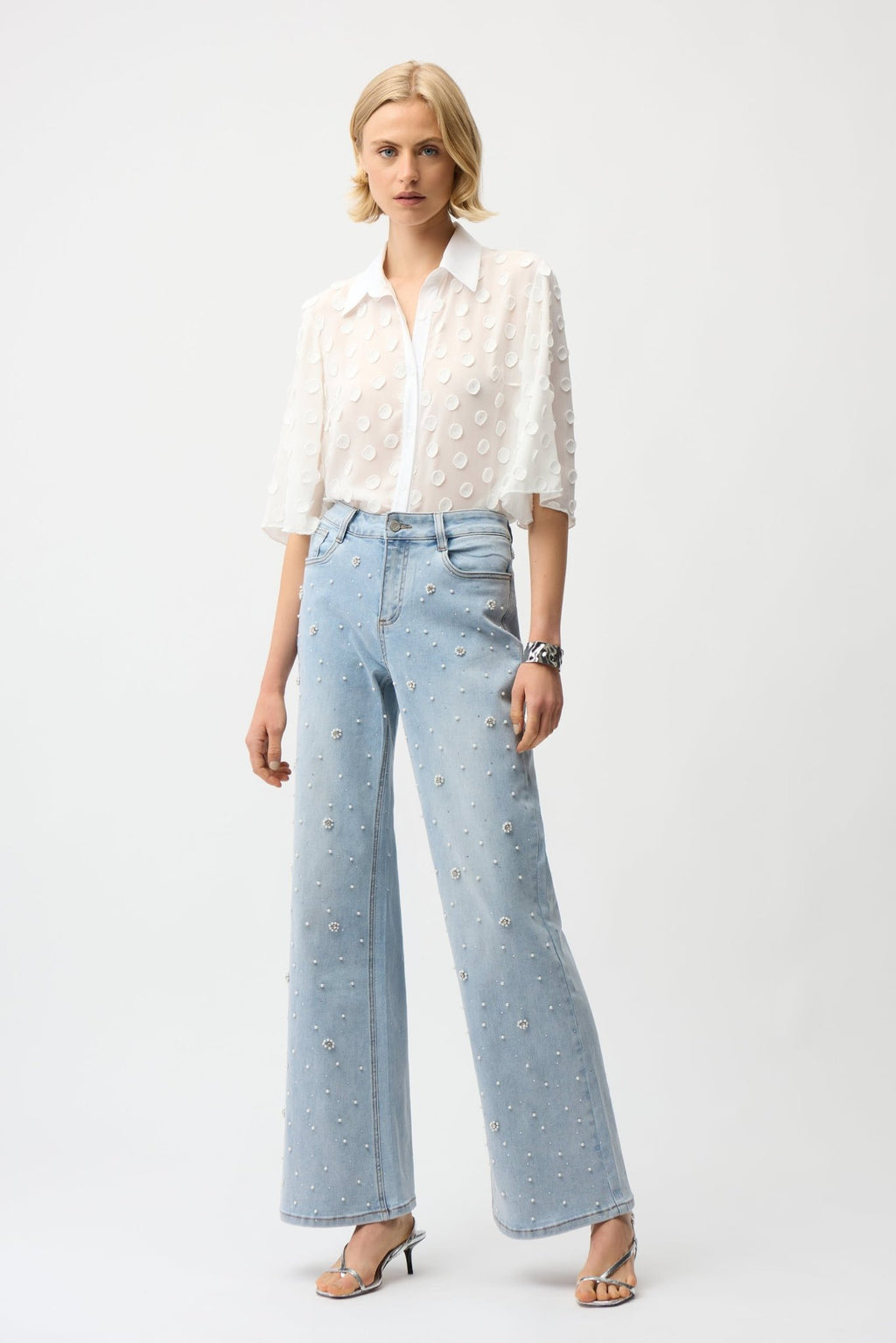 Shop Joseph Ribkoff Wide Leg Jeans With Pearl and Rhinestones - Joseph Ribkoff