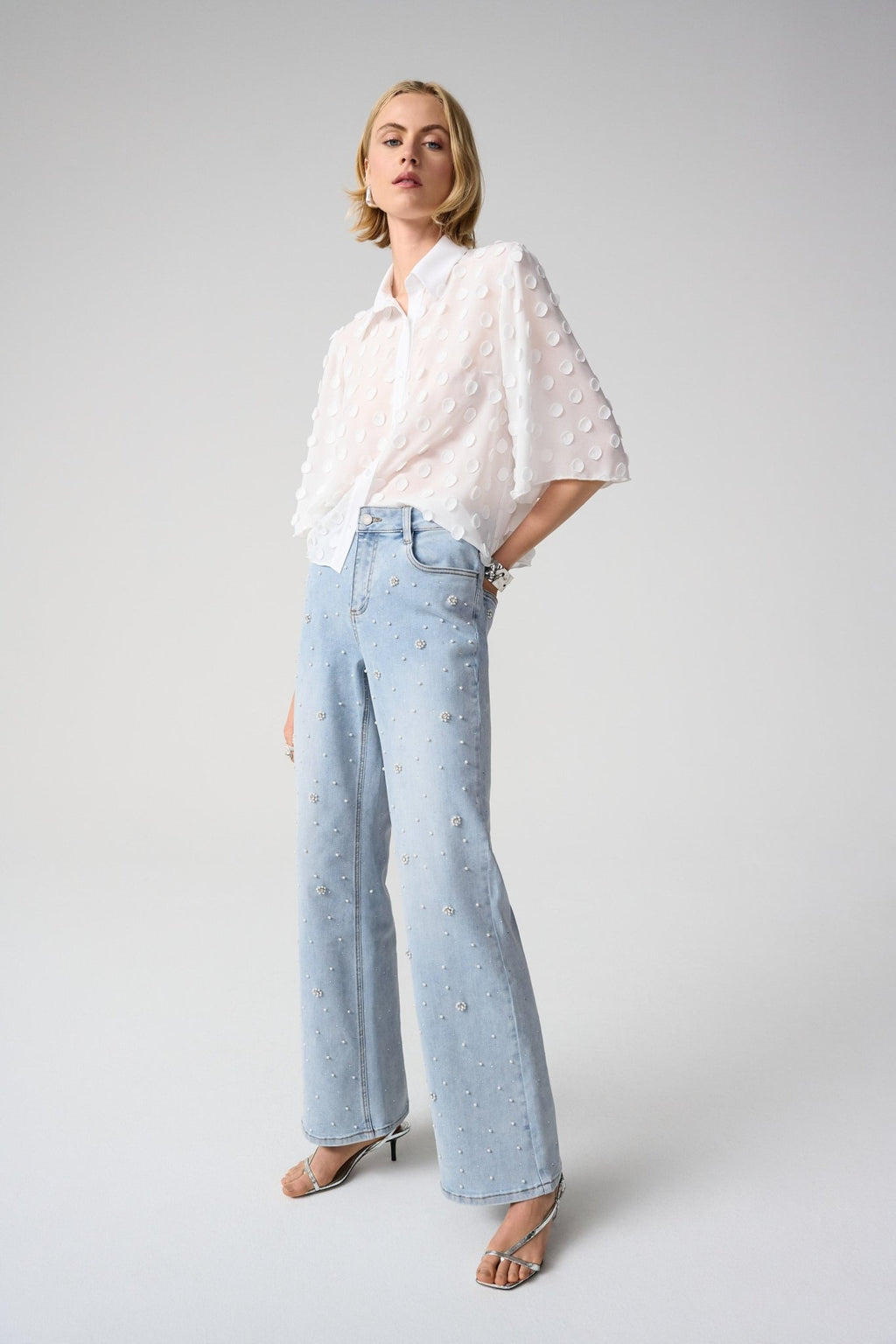 Shop Joseph Ribkoff Wide Leg Jeans With Pearl and Rhinestones - Joseph Ribkoff