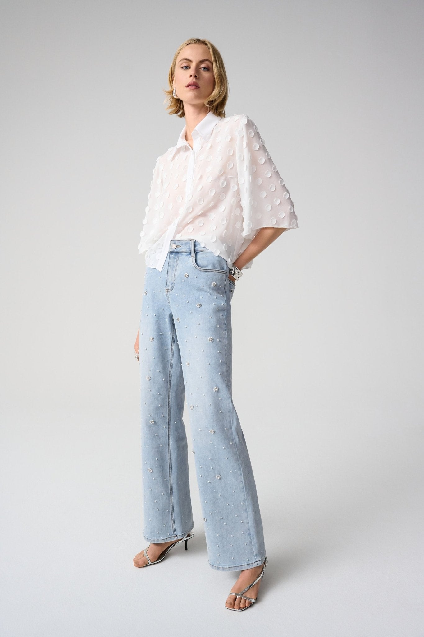 Shop Joseph Ribkoff Wide Leg Jeans With Pearl and Rhinestones - Joseph Ribkoff