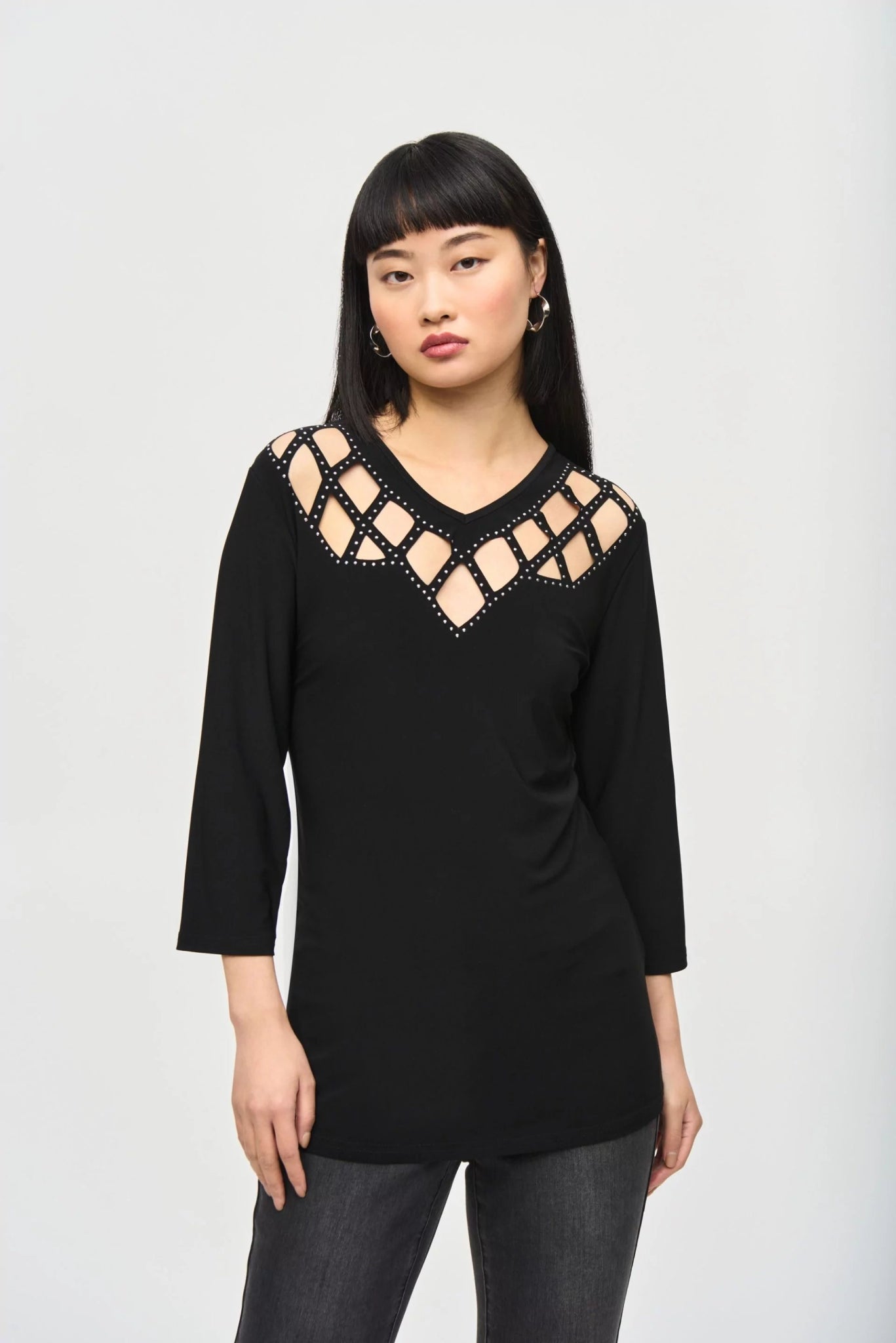 Shop Keyhole Tunic with Silver Beaded Neckline Style 243332 | Black - JOSEPH RIBKOFF