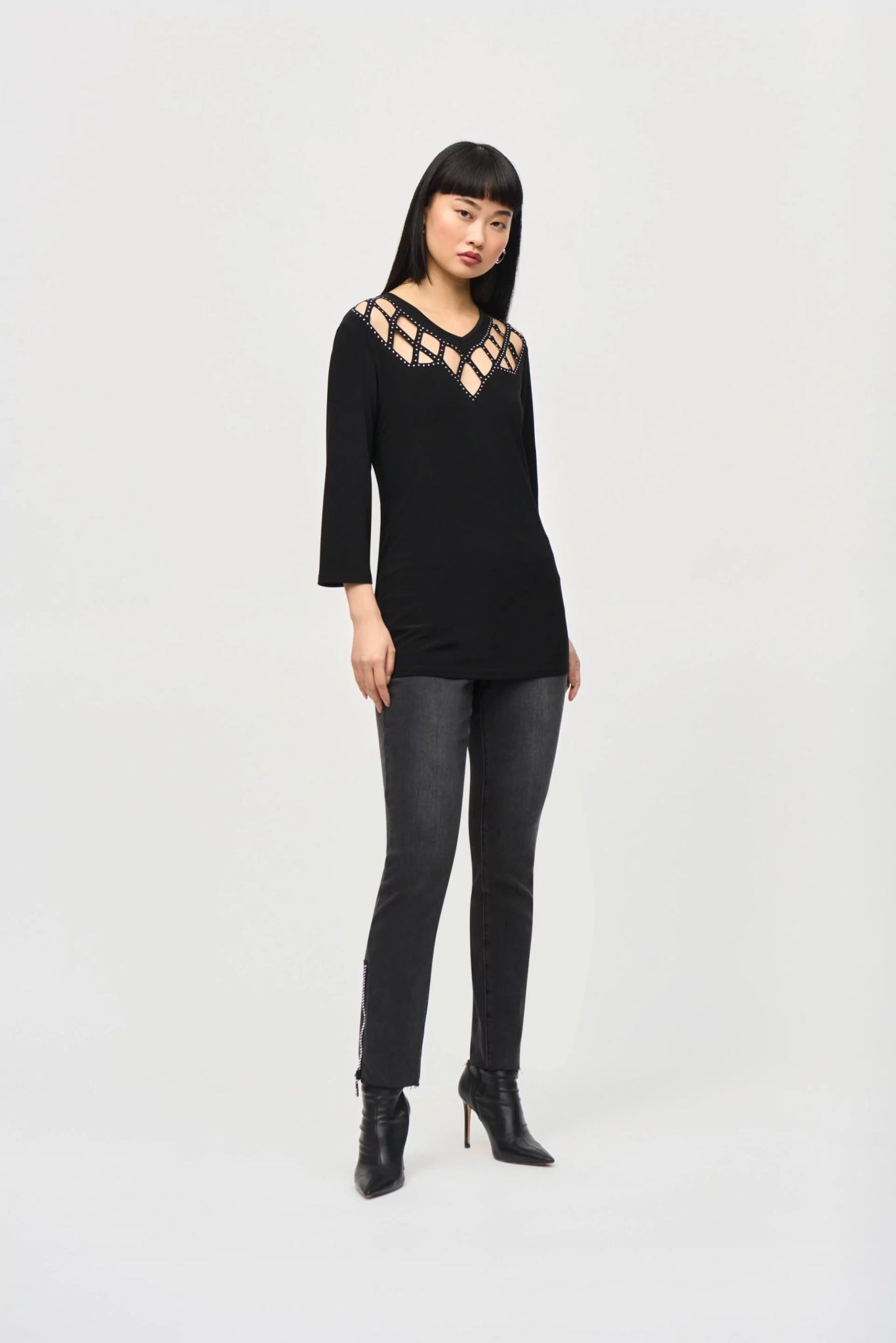 Shop Keyhole Tunic with Silver Beaded Neckline Style 243332 | Black - JOSEPH RIBKOFF