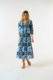 Shop Long Poppy Dress - Camogli Navy - Cotton | Navy - Oneseason Australia