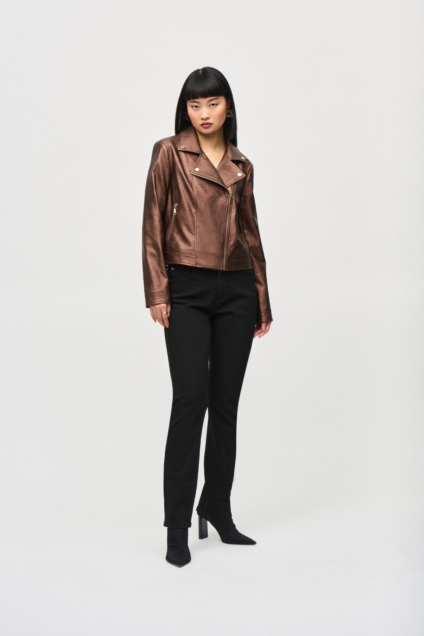 Shop Metallic Faux Leather Biker Jacket Style 234902 │ Bronze - Joseph Ribkoff