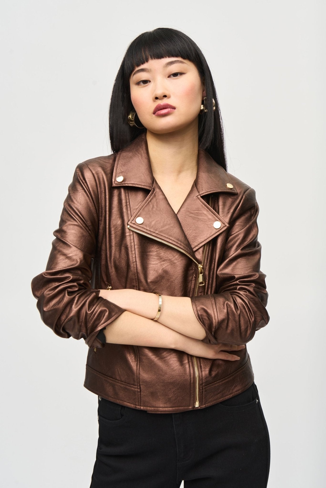 Shop Metallic Faux Leather Biker Jacket Style 234902 │ Bronze - Joseph Ribkoff