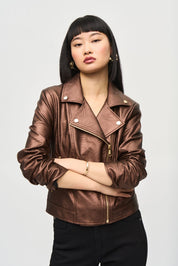 Shop Metallic Faux Leather Biker Jacket Style 234902 │ Bronze - Joseph Ribkoff