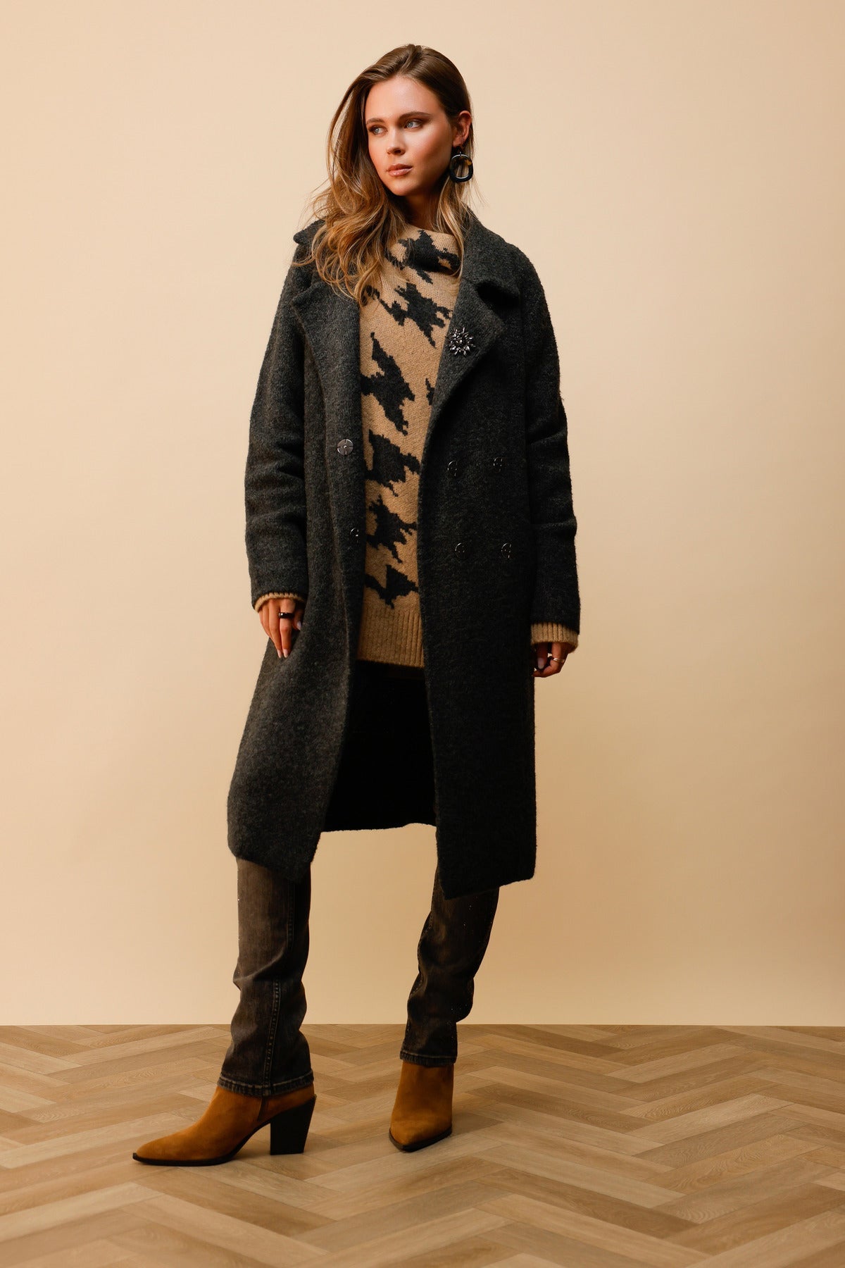 Shop Monari Knitted Coat Jacket + Brooch - Monari