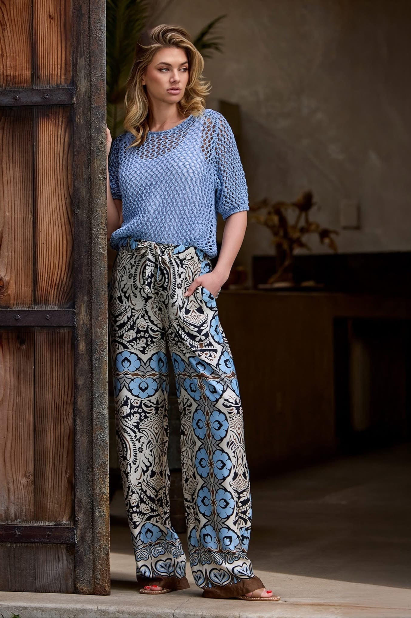 Shop Monari Wide Leg Pants, Buenos Aires Ornament Print - Monari