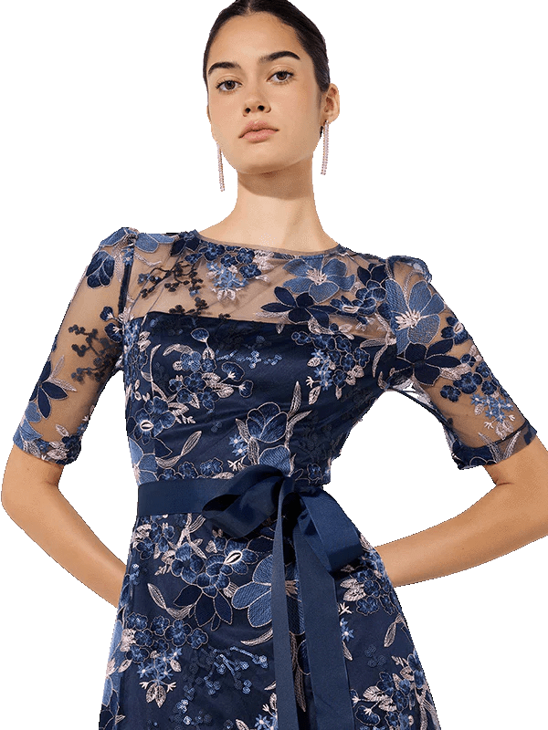 Shop Montique Loren Navy/Pink Lace Dress - Montique