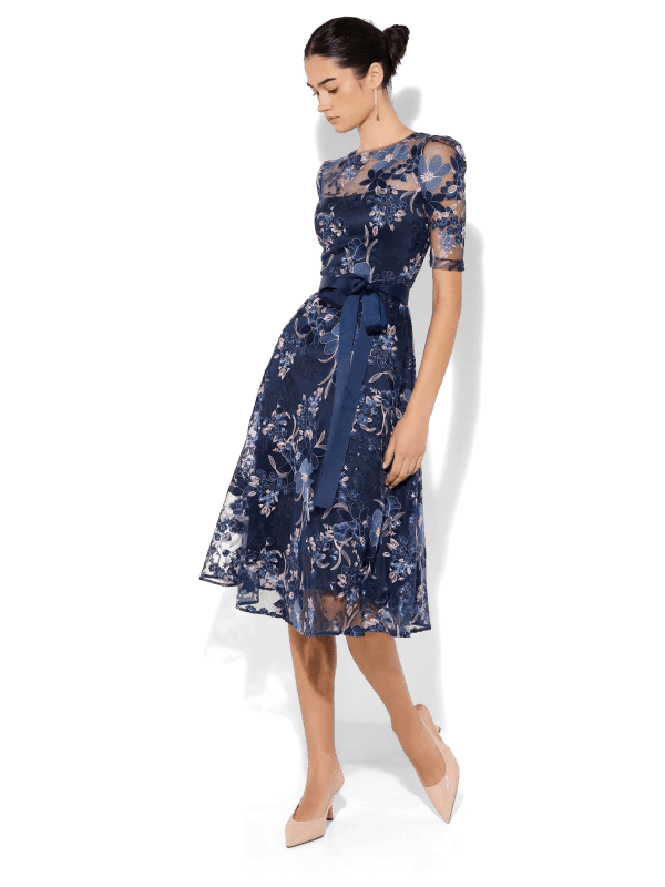 Shop Montique Loren Navy/Pink Lace Dress - Montique