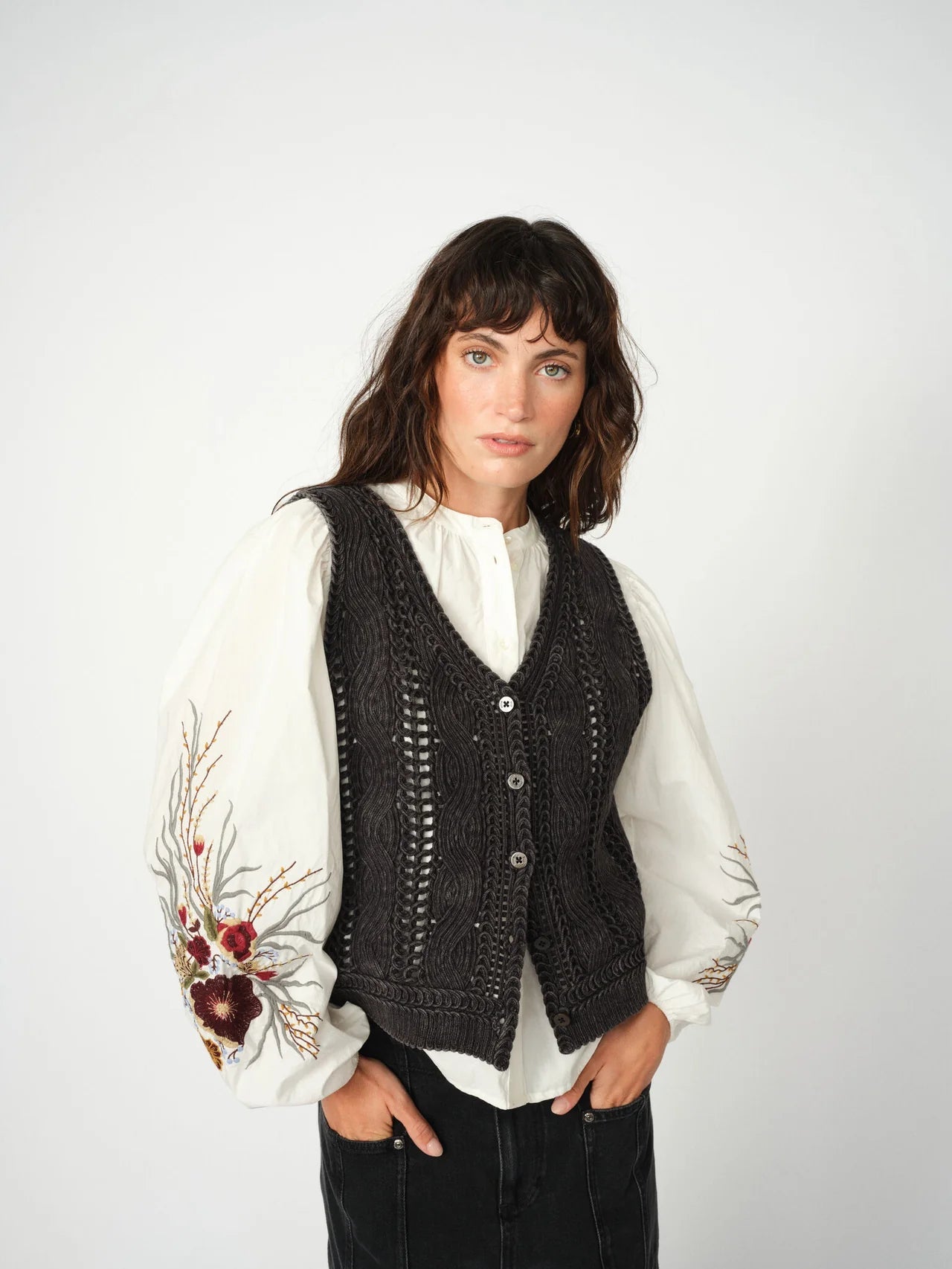 Shop Mos Mosh Albanju Knit Lace Vest in Phantom - MOS MOSH