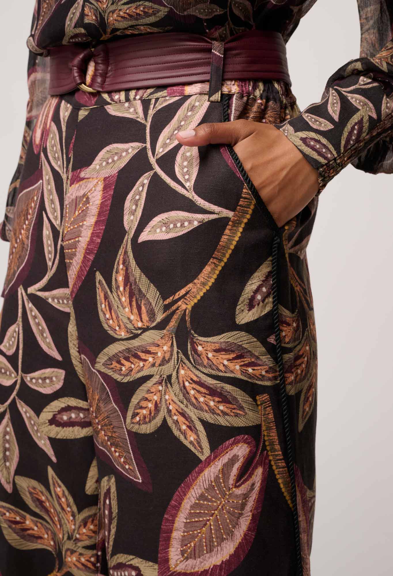 Shop Oncewas Adele Linen Viscose Belted Printed Pant in Dark Tropique - OnceWas