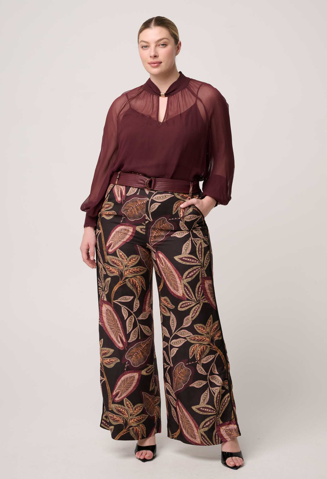 Shop Oncewas Adele Linen Viscose Belted Printed Pant in Dark Tropique - OnceWas