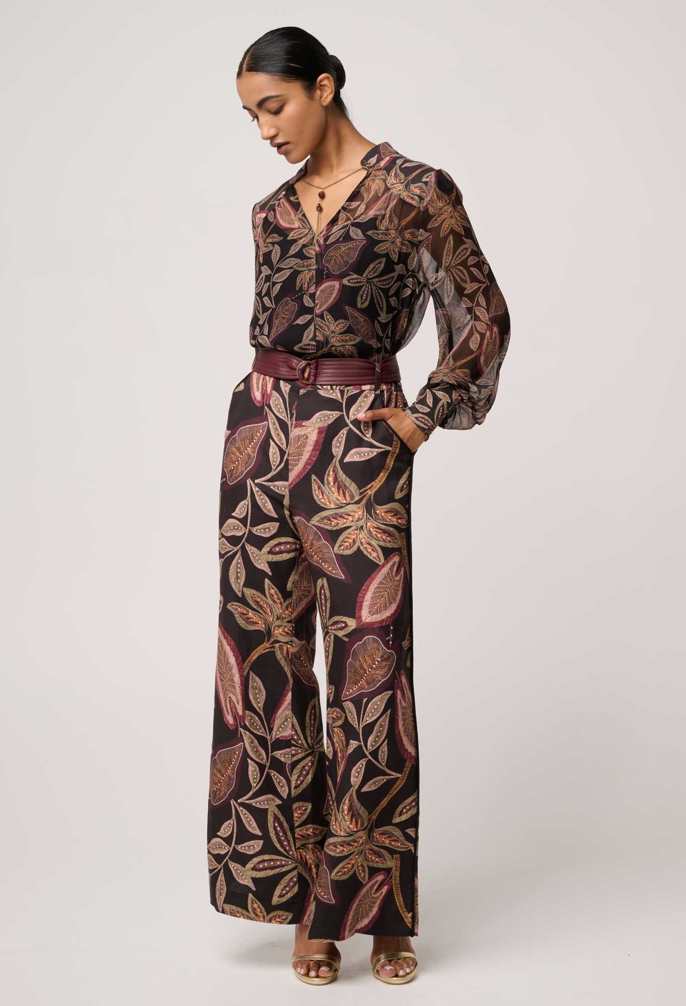 Shop Oncewas Adele Linen Viscose Belted Printed Pant in Dark Tropique - OnceWas