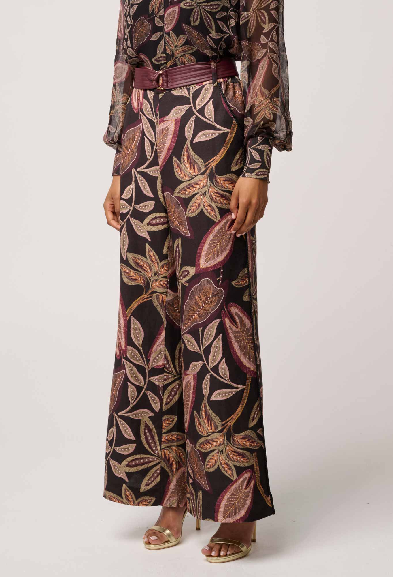 Shop Oncewas Adele Linen Viscose Belted Printed Pant in Dark Tropique - OnceWas