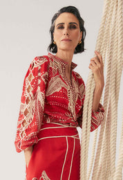 Shop Oncewas Audrey Embroidered Viscose Faille Blouse in Crimson Palms - OnceWas