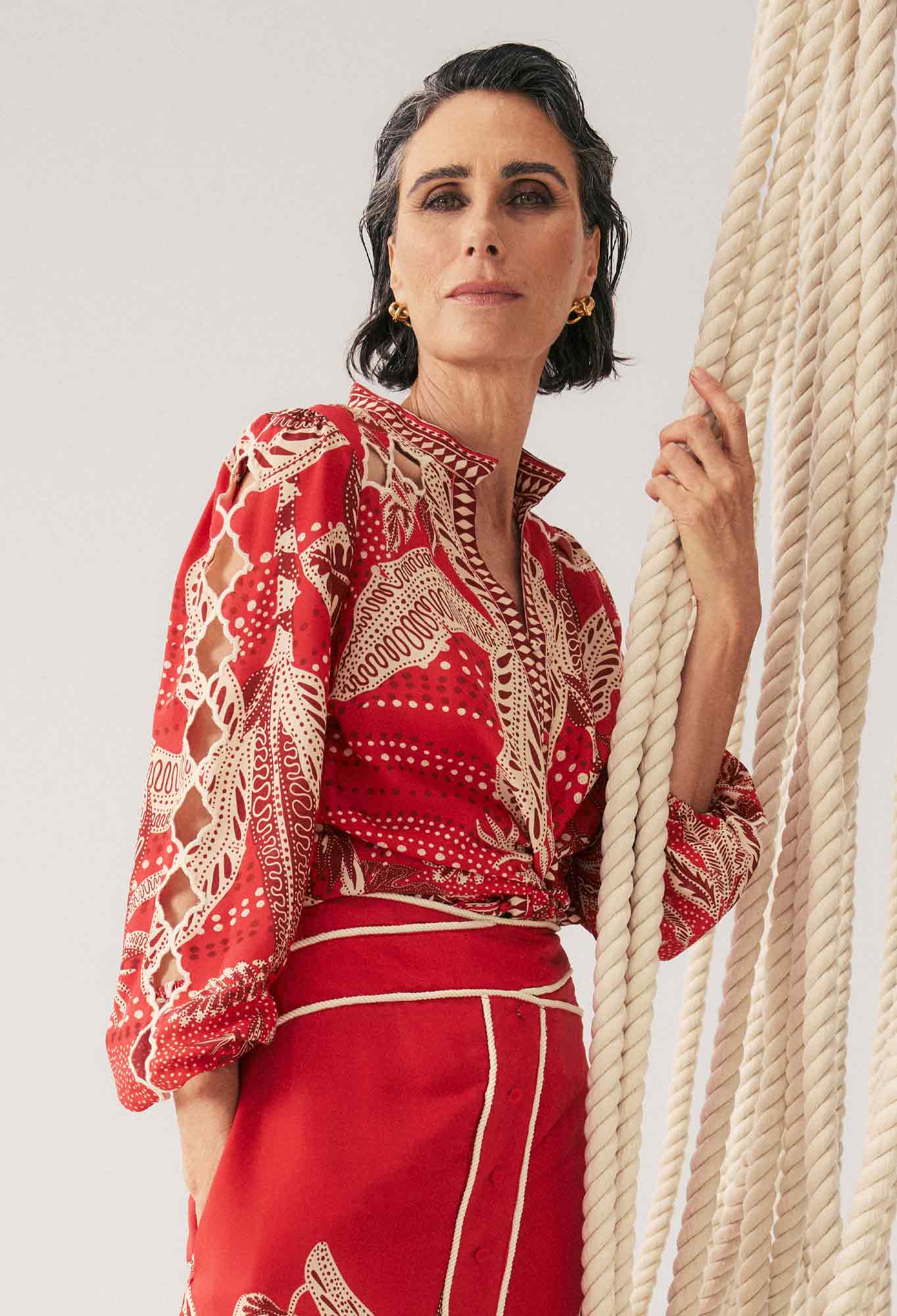Shop Oncewas Audrey Embroidered Viscose Faille Blouse in Crimson Palms - OnceWas
