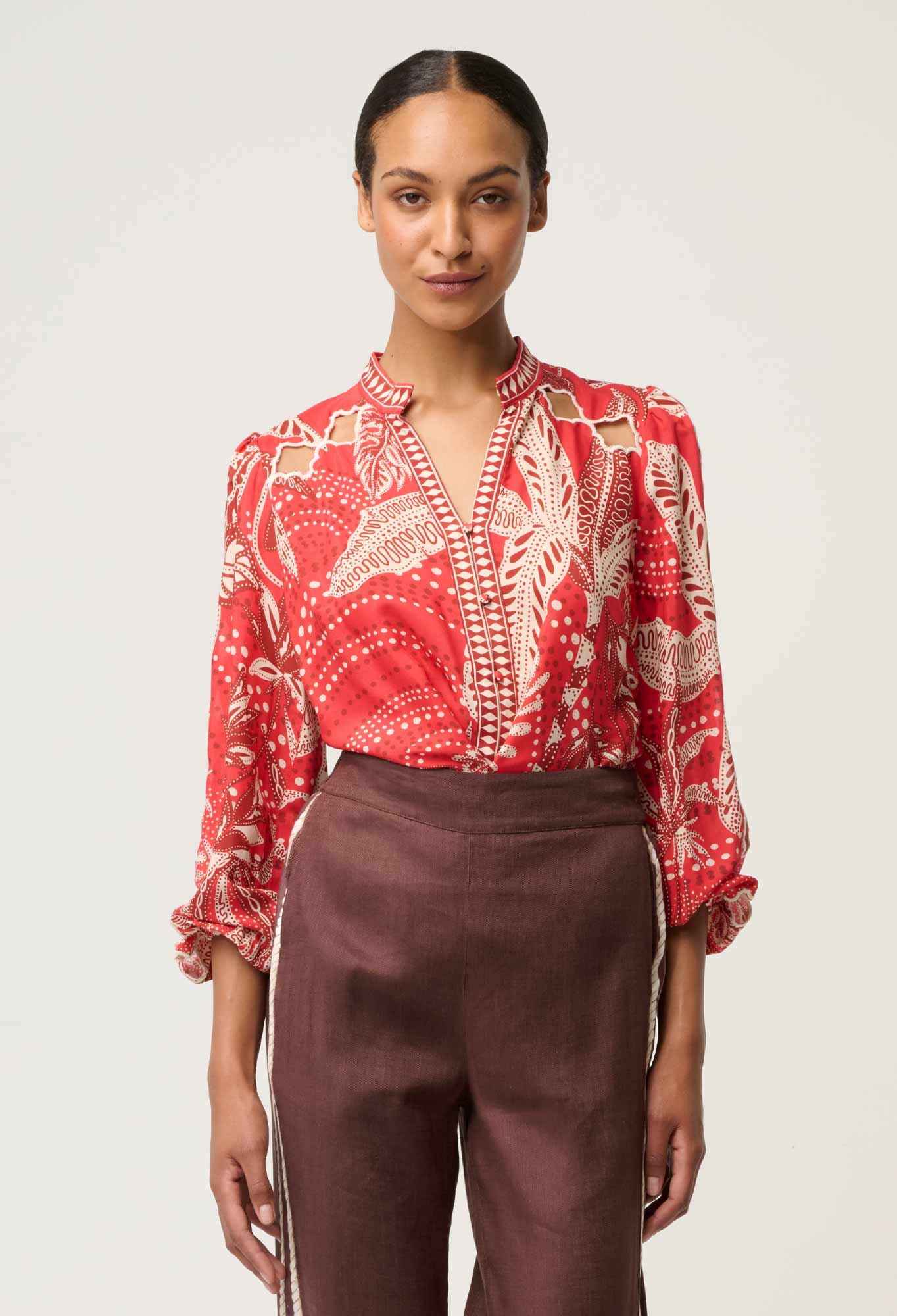 Shop Oncewas Audrey Embroidered Viscose Faille Blouse in Crimson Palms - OnceWas