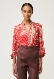 Shop Oncewas Audrey Embroidered Viscose Faille Blouse in Crimson Palms - OnceWas