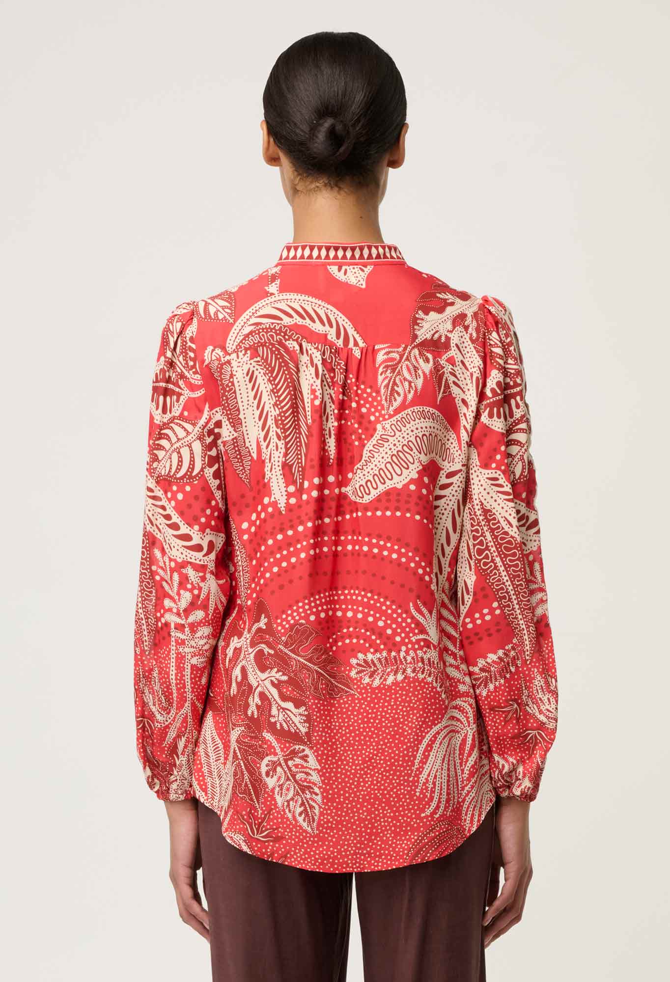Shop Oncewas Audrey Embroidered Viscose Faille Blouse in Crimson Palms - OnceWas