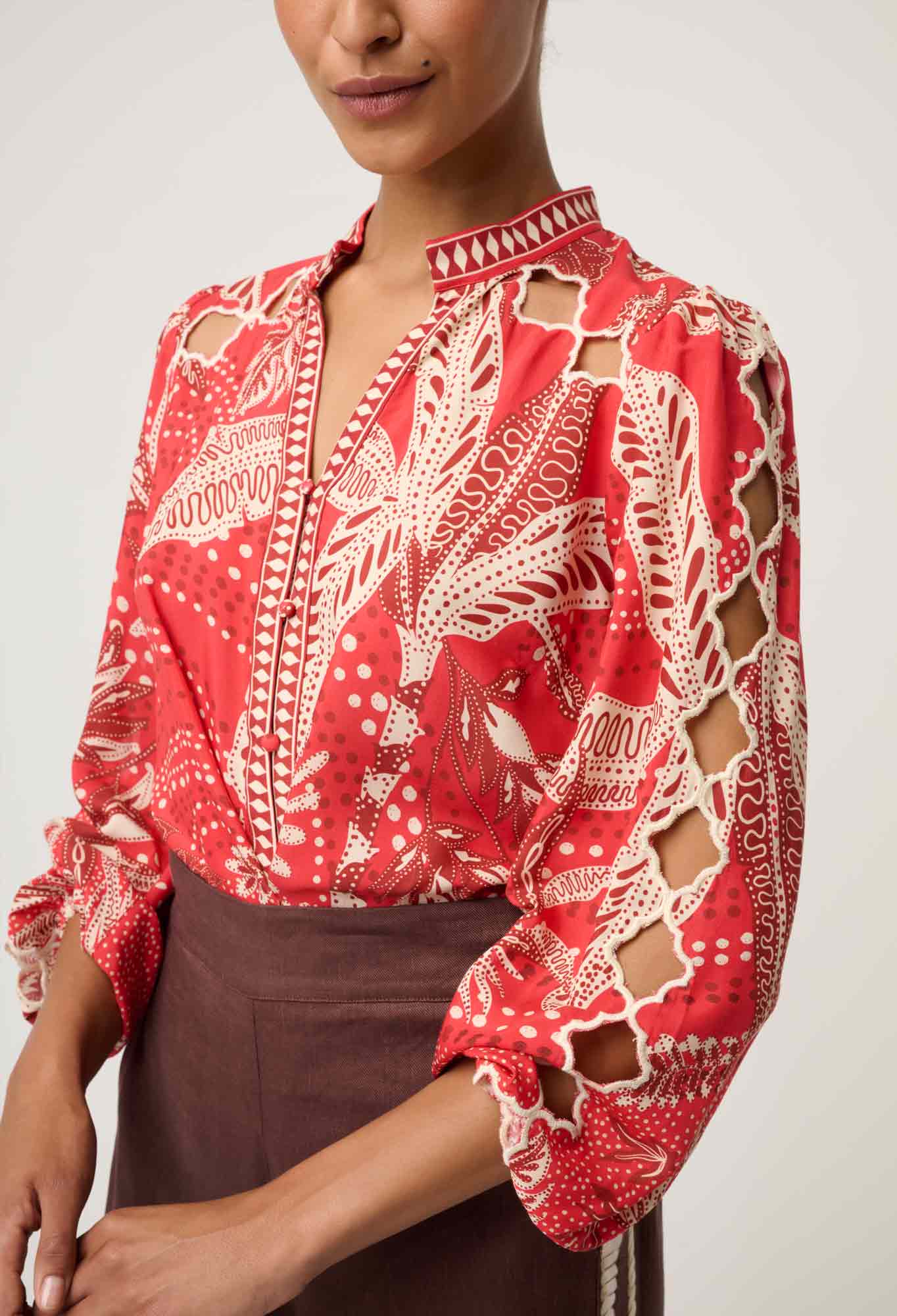 Shop Oncewas Audrey Embroidered Viscose Faille Blouse in Crimson Palms - OnceWas