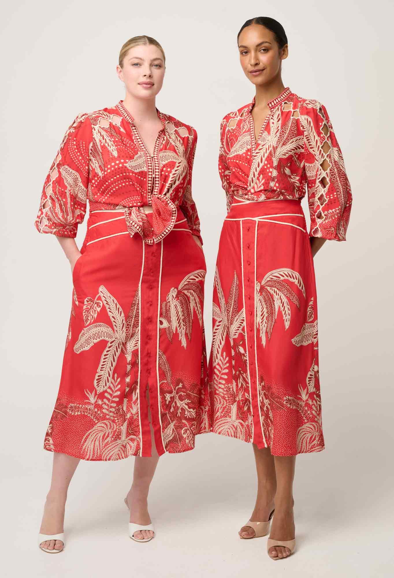 Shop Oncewas Audrey Embroidered Viscose Faille Blouse in Crimson Palms - OnceWas