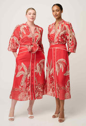 Shop Oncewas Audrey Embroidered Viscose Faille Blouse in Crimson Palms - OnceWas