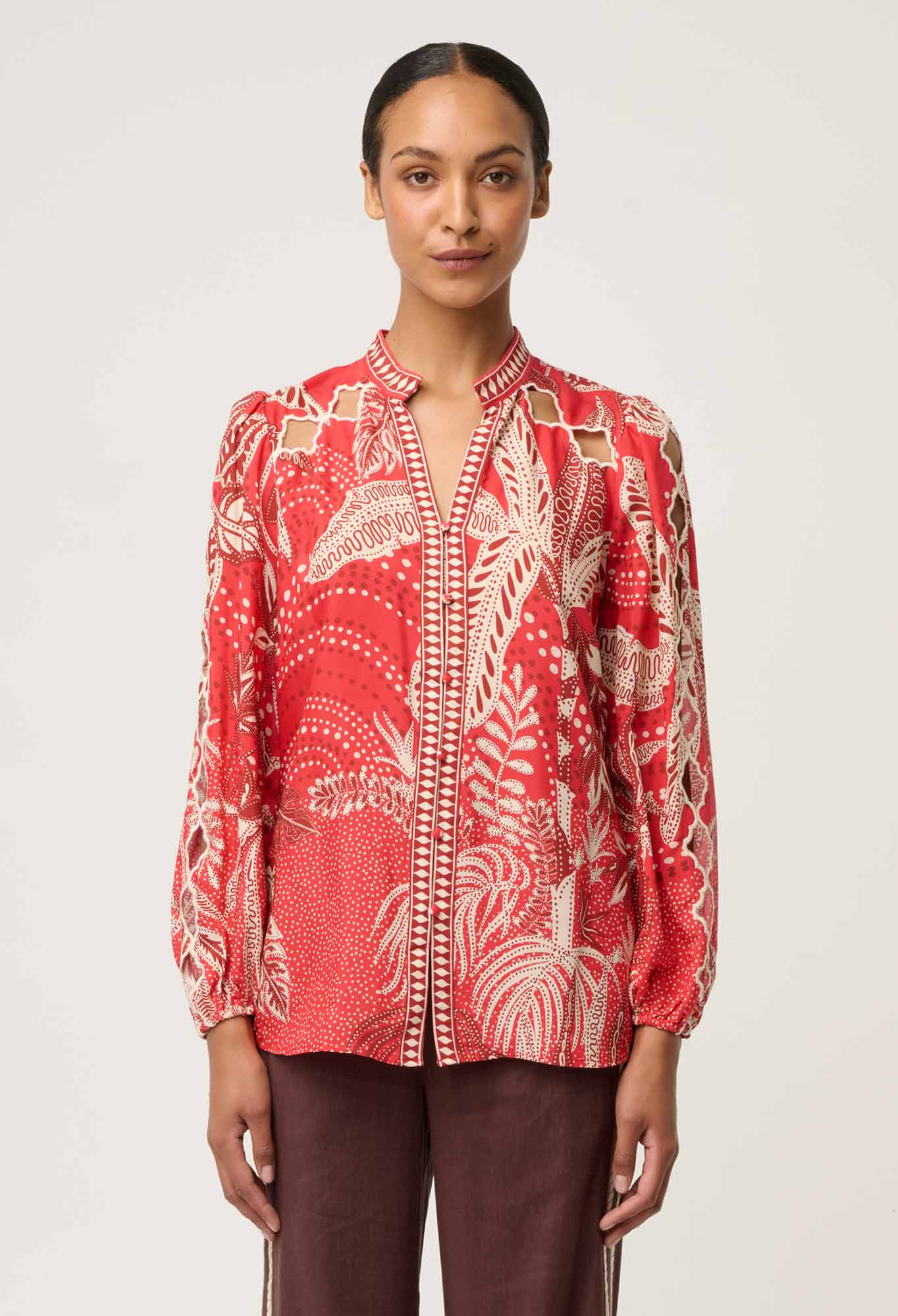 Shop Oncewas Audrey Embroidered Viscose Faille Blouse in Crimson Palms - OnceWas
