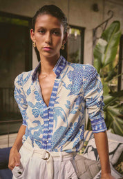 Shop Oncewas Calantha Viscose Dobby Rouched Sleeve Shirt in Azure Mosaic - OnceWas